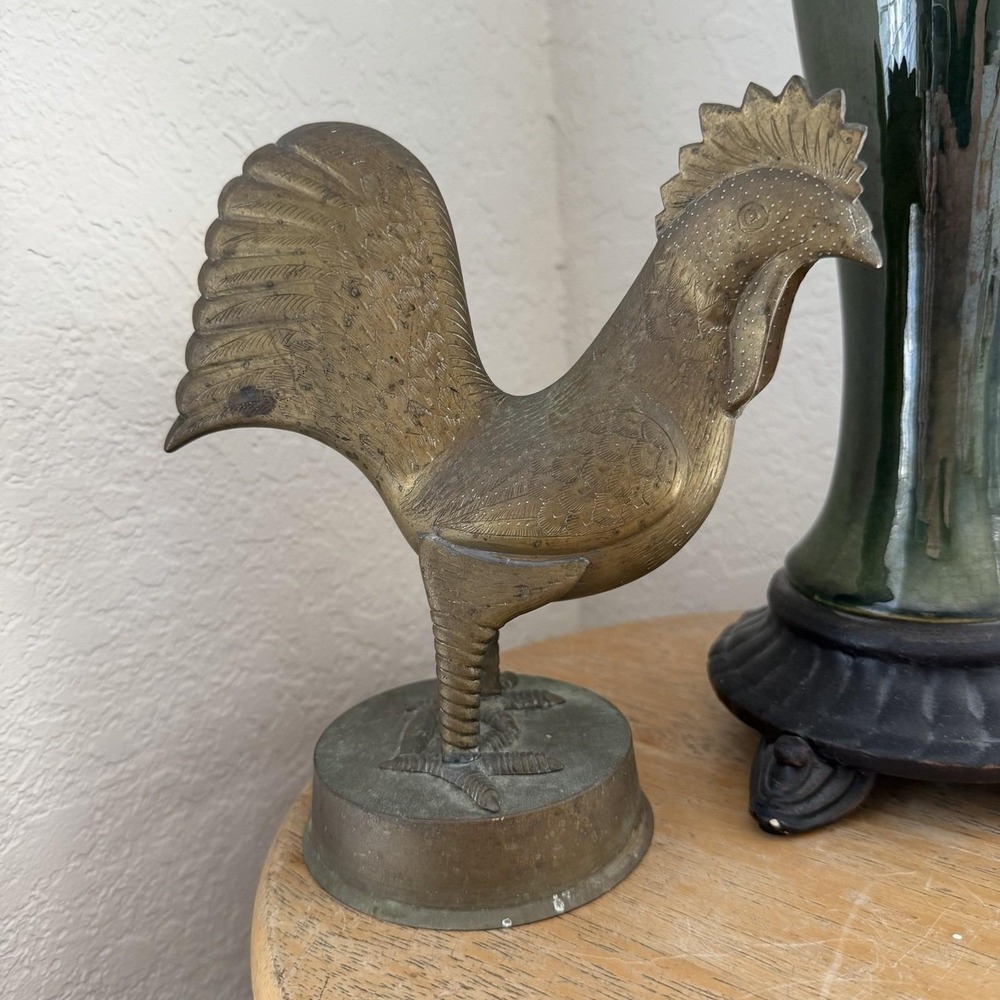 Vintage Brass Animal Rooster Cockerel Chicken Figurine Statue Farmhouse Decor